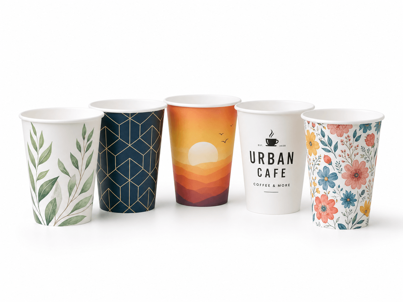 Five custom printed single wall paper cups with different brand designs, produced by flexographic printing, CupsPak factory