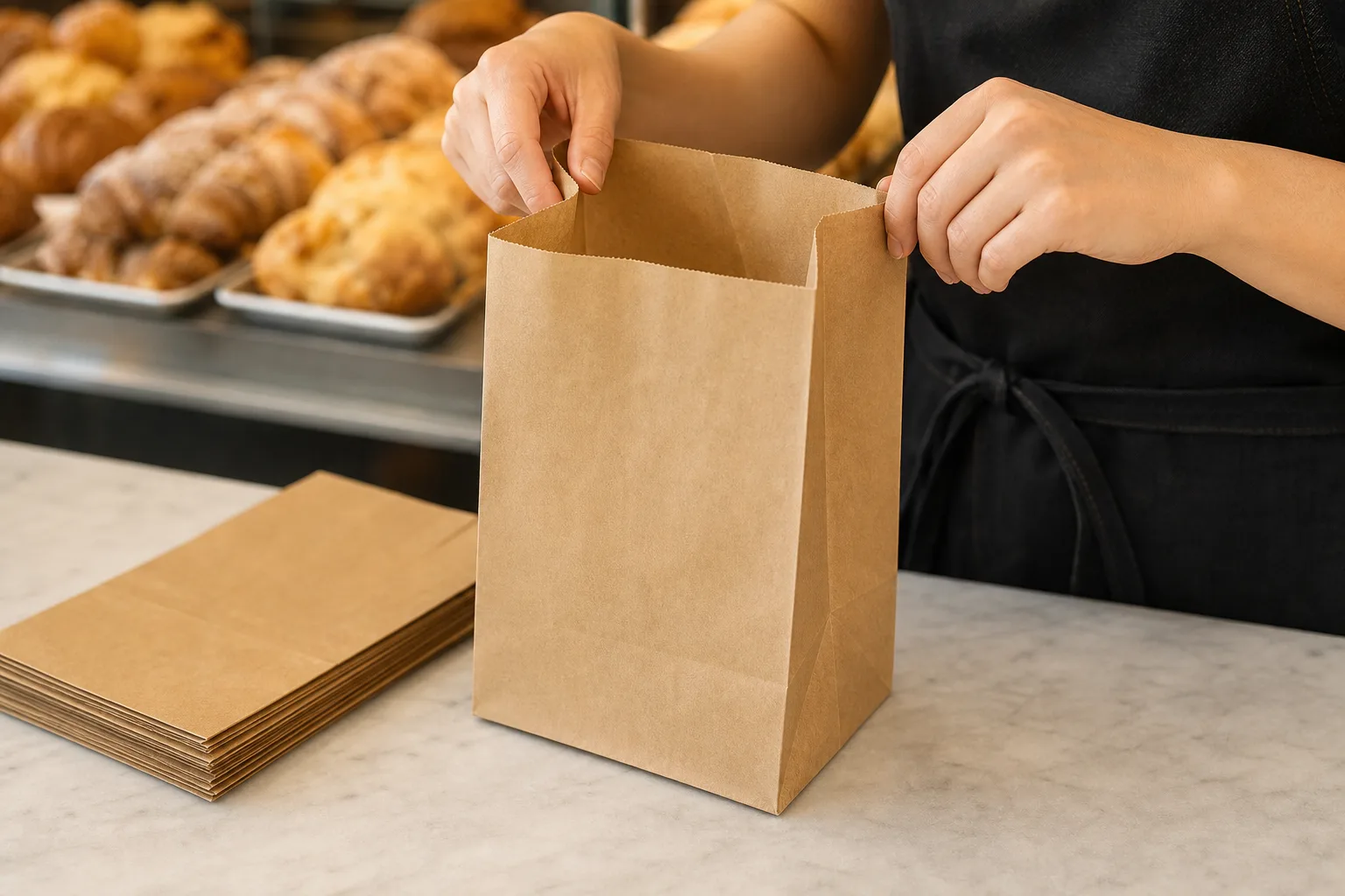 A plain kraft SOS bag held open one-handed on a bakery counter, standing on its flat square base, with a stack of the same bags folded flat beside it