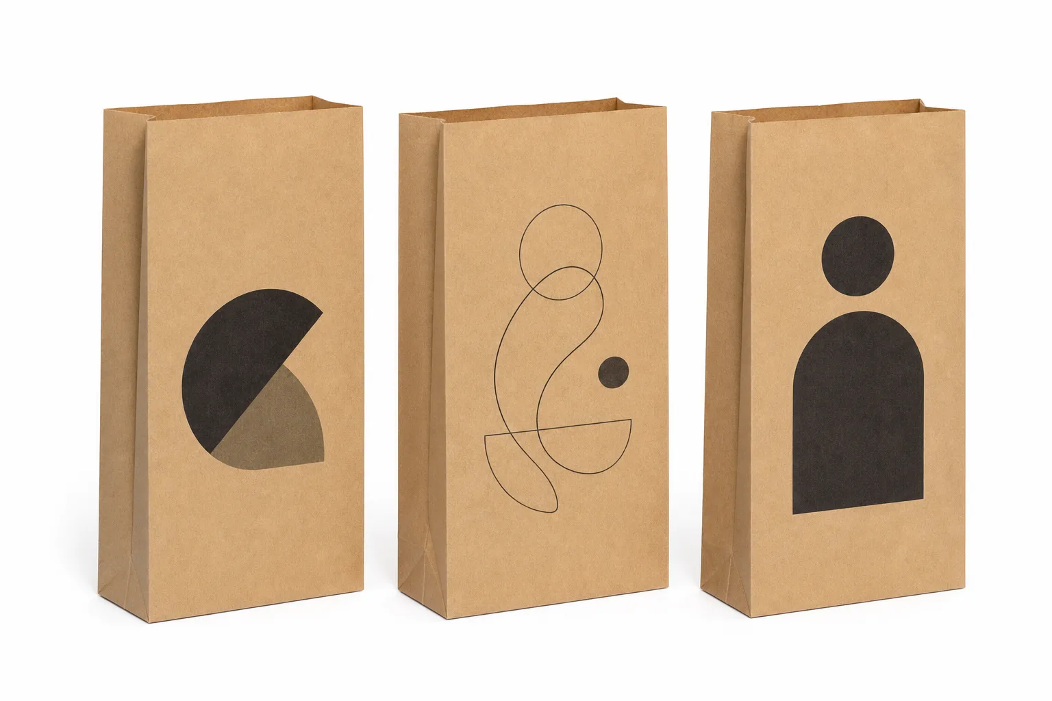 Three printed brown kraft SOS bags side by side, one with a solid two-tone mark, one with a fine-line drawing and one with a bold solid shape