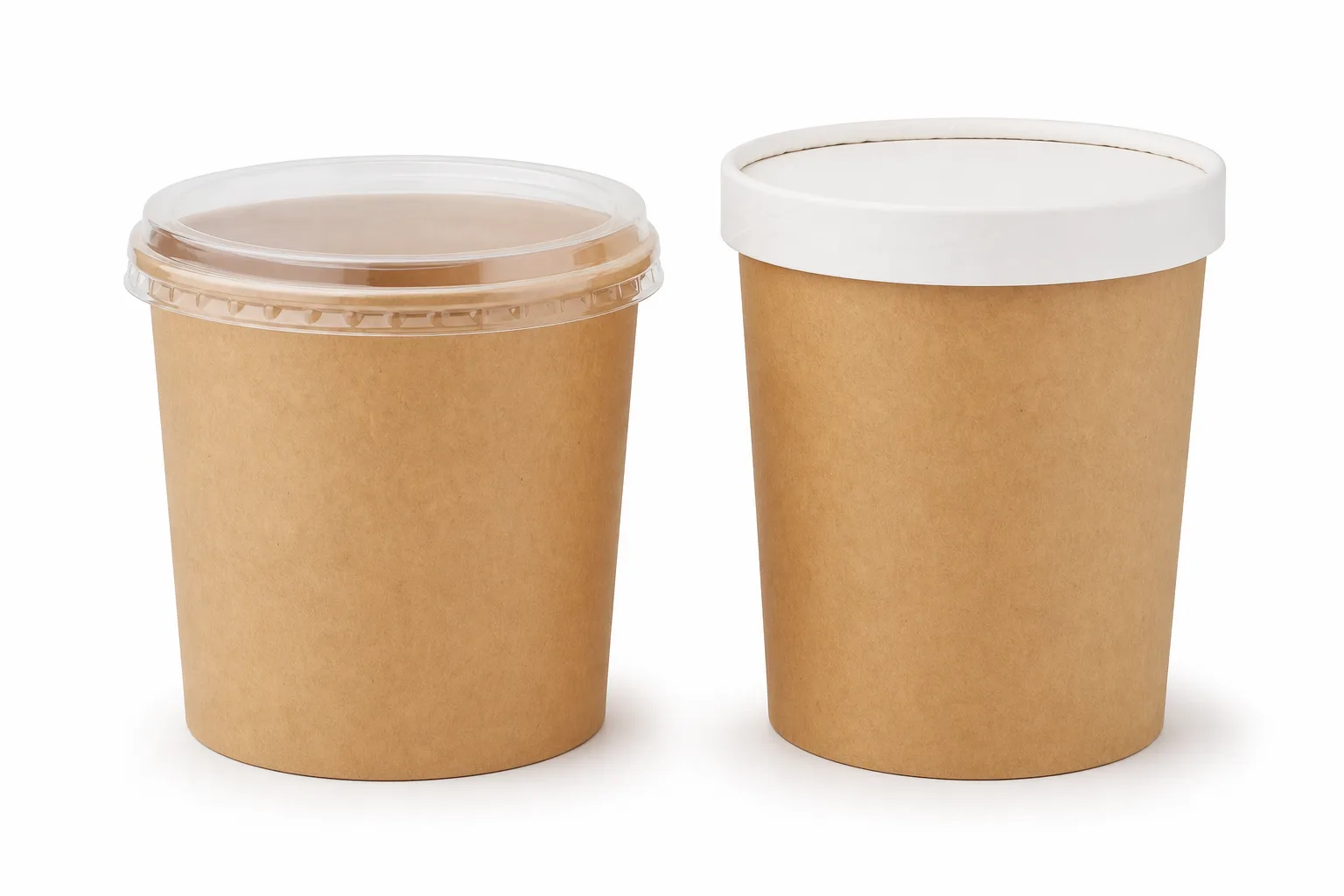 Two 32 oz paper soup bowls with lids: standard and extra tall build