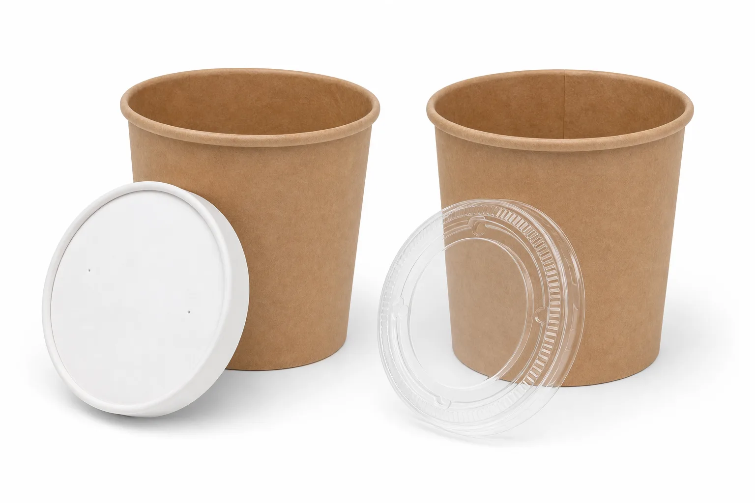 Paper and PP lids shown together on paper containers, the two lid families most often compared