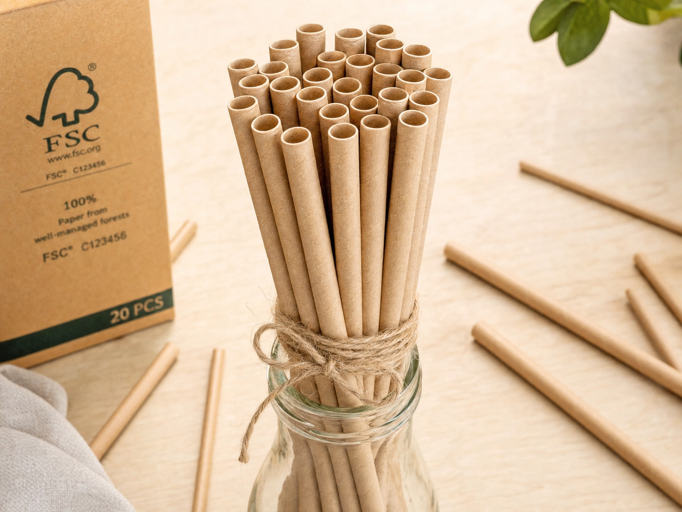 Bundle of kraft paper straws tied with twine in a glass jar on a wooden table — CupsPak paper straws wholesale