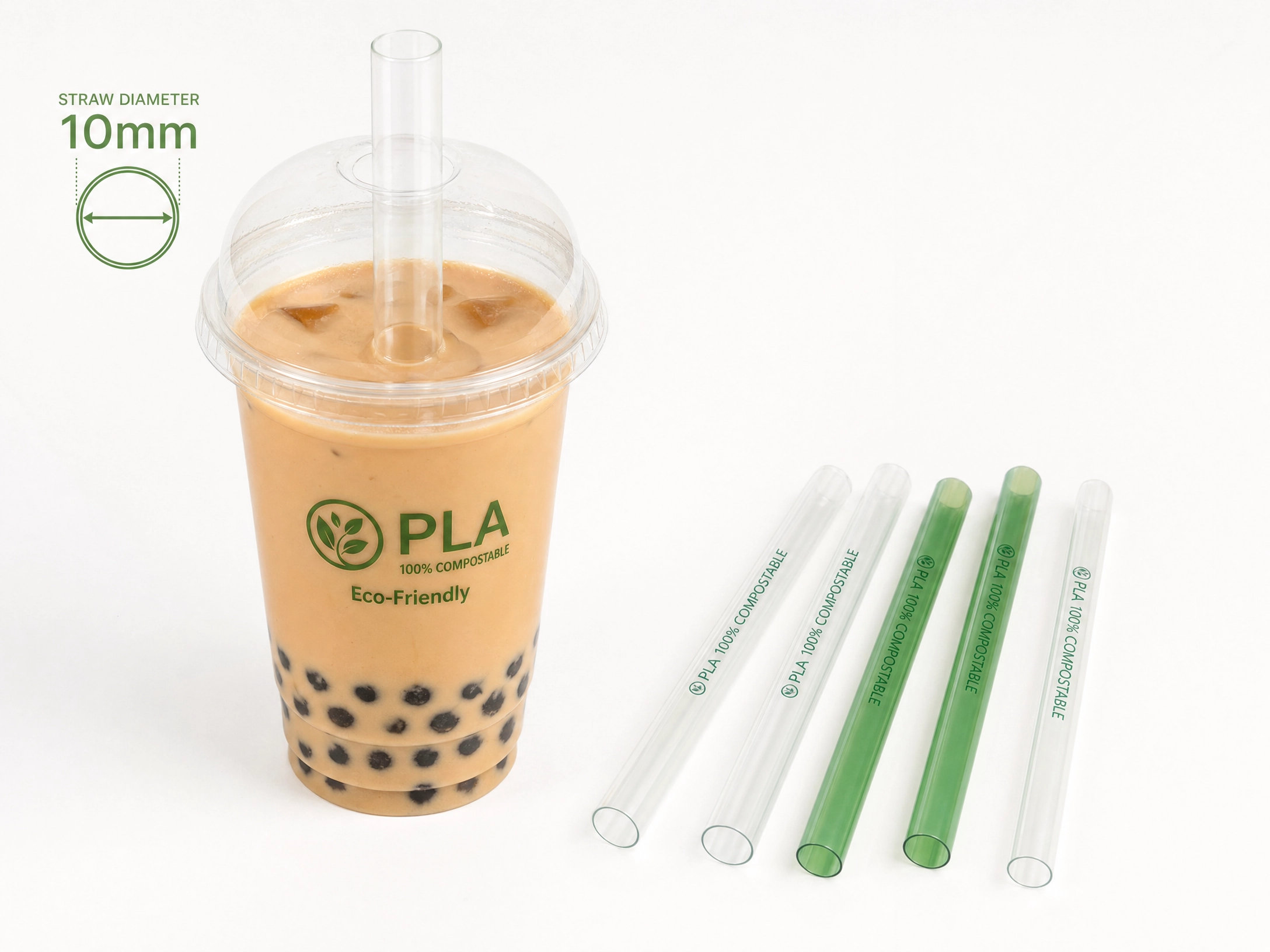 PLA compostable straws beside a bubble tea cup with tapioca pearls, showing 10mm diameter for boba use — CupsPak PLA straw supplier