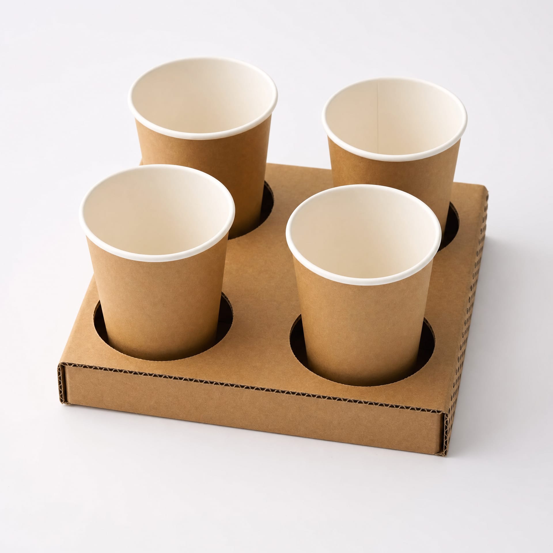 Corrugated cardboard flat tray cup holder for 4 cups — eco-friendly disposable drink tray for events and catering, wholesale supplier
