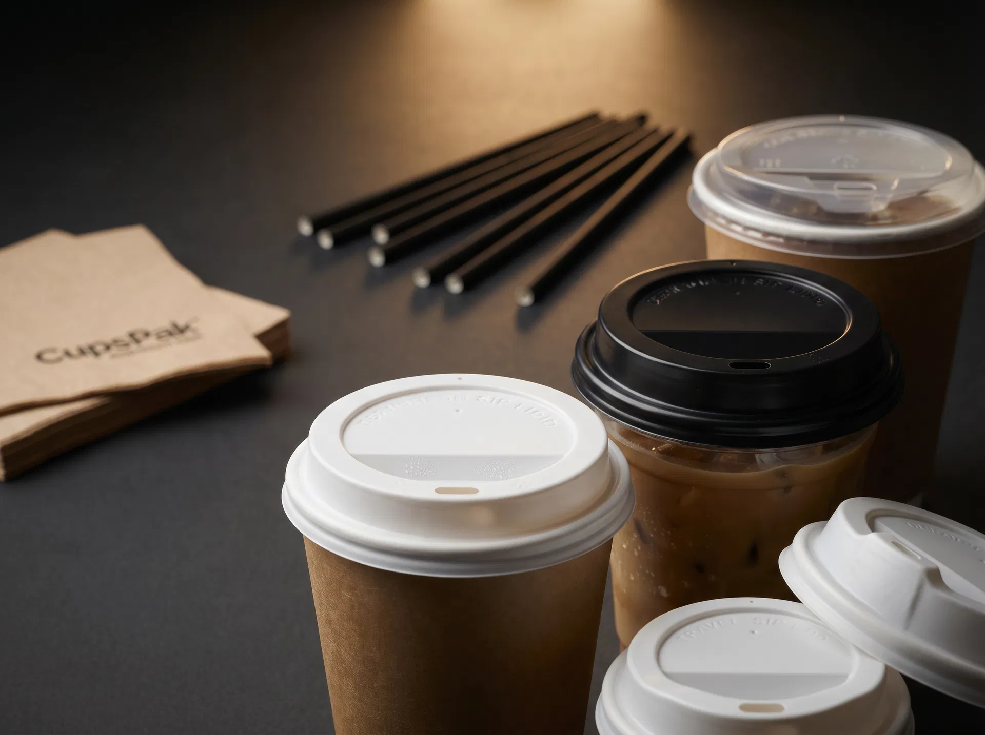 Plastic cup lids across the range in white, black and clear on hot and cold cups, alongside straws and napkins