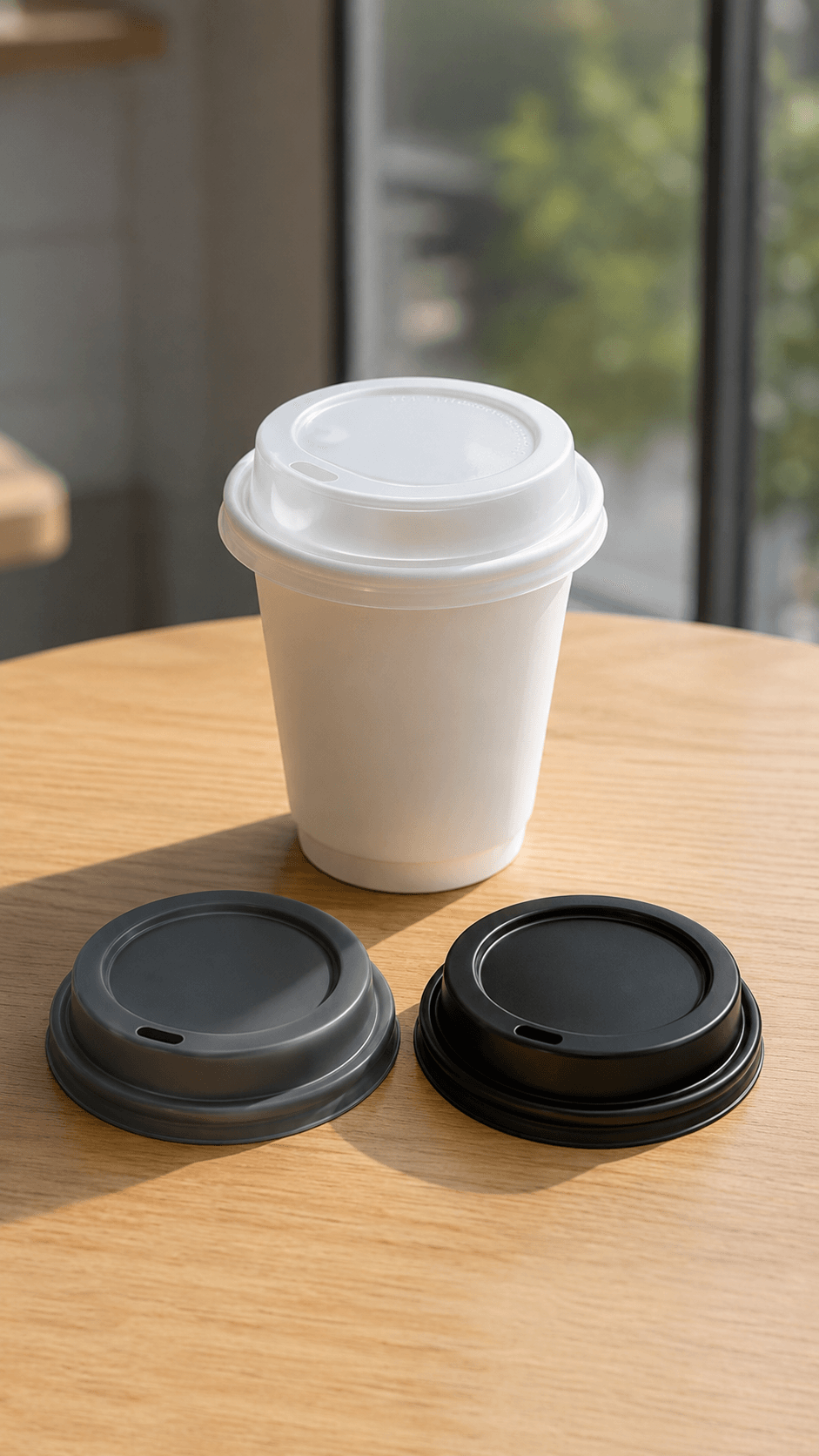 rPET recycled PET cup lids in grey and black beside a white paper cup on a wooden table, eco-friendly hot cup lids